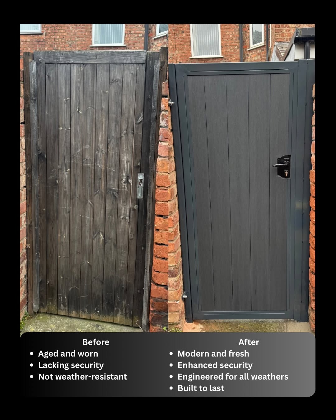 Before and after comparison of a timber gate replaced with a composite gate